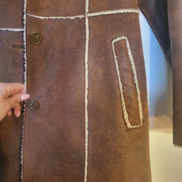 Vintage Brown Wilsion's Leather patchwork trench coat sherpa lined - Picture 3 of 16